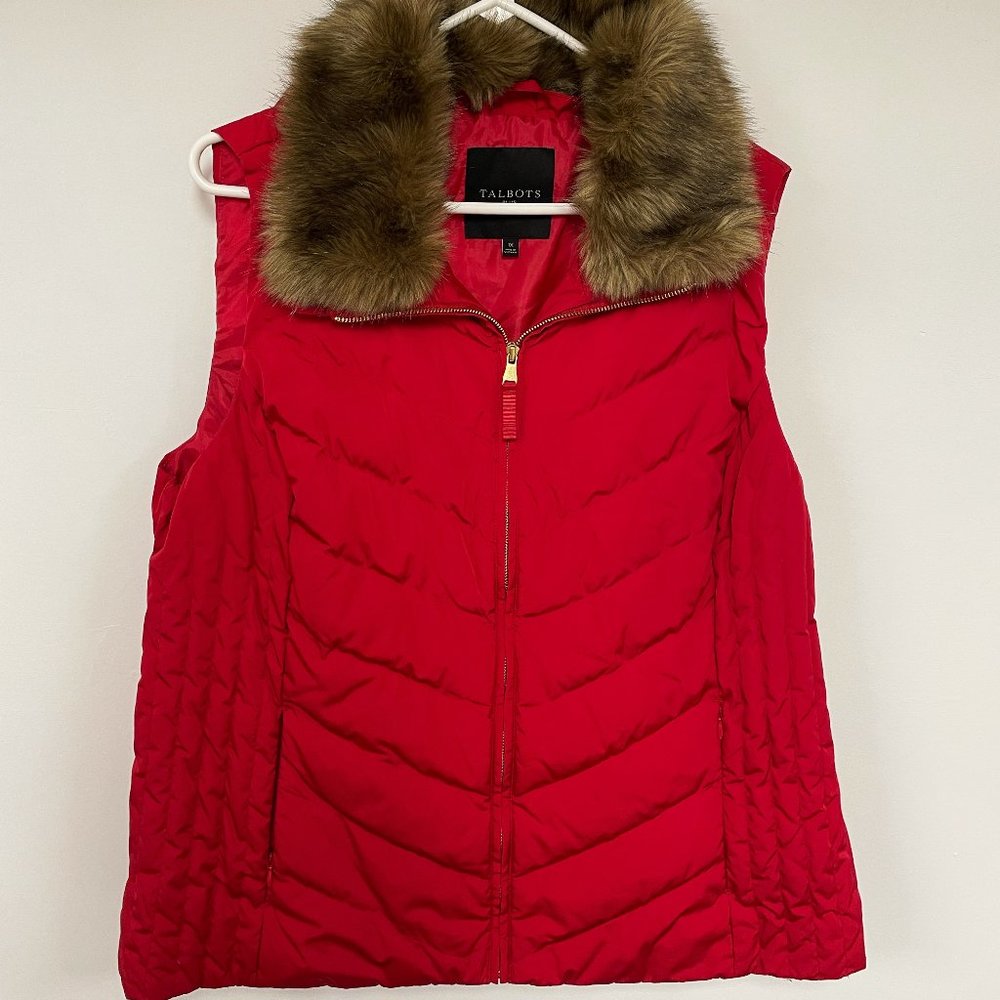Talbots Red Fur Collar Down Vest